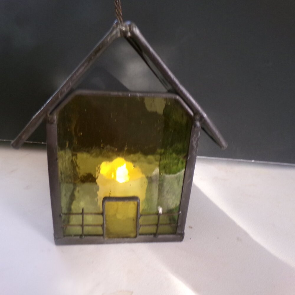 leaded glass bird house candle holder